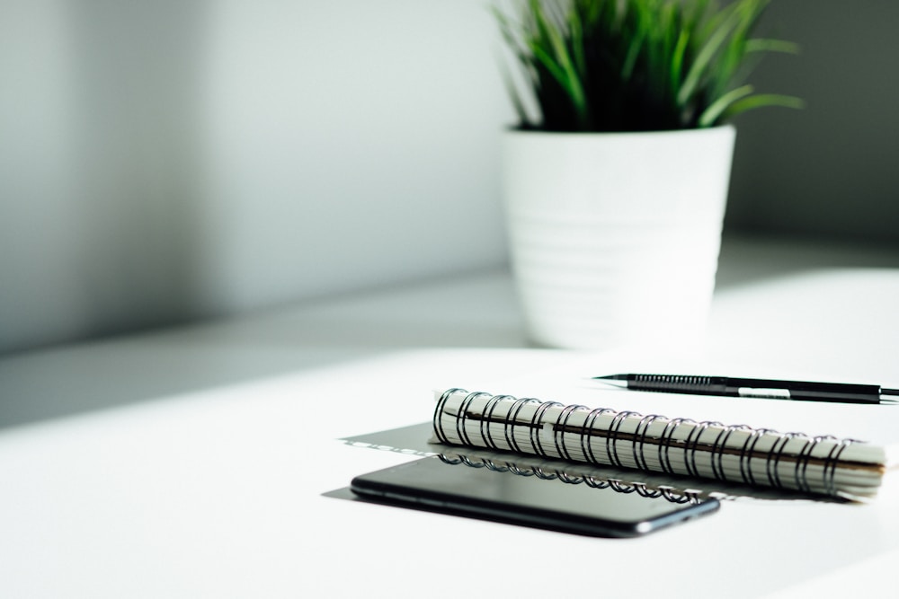 Un carnet à spirale et un stylo posés sur un bureau clair, à côté d'une plante